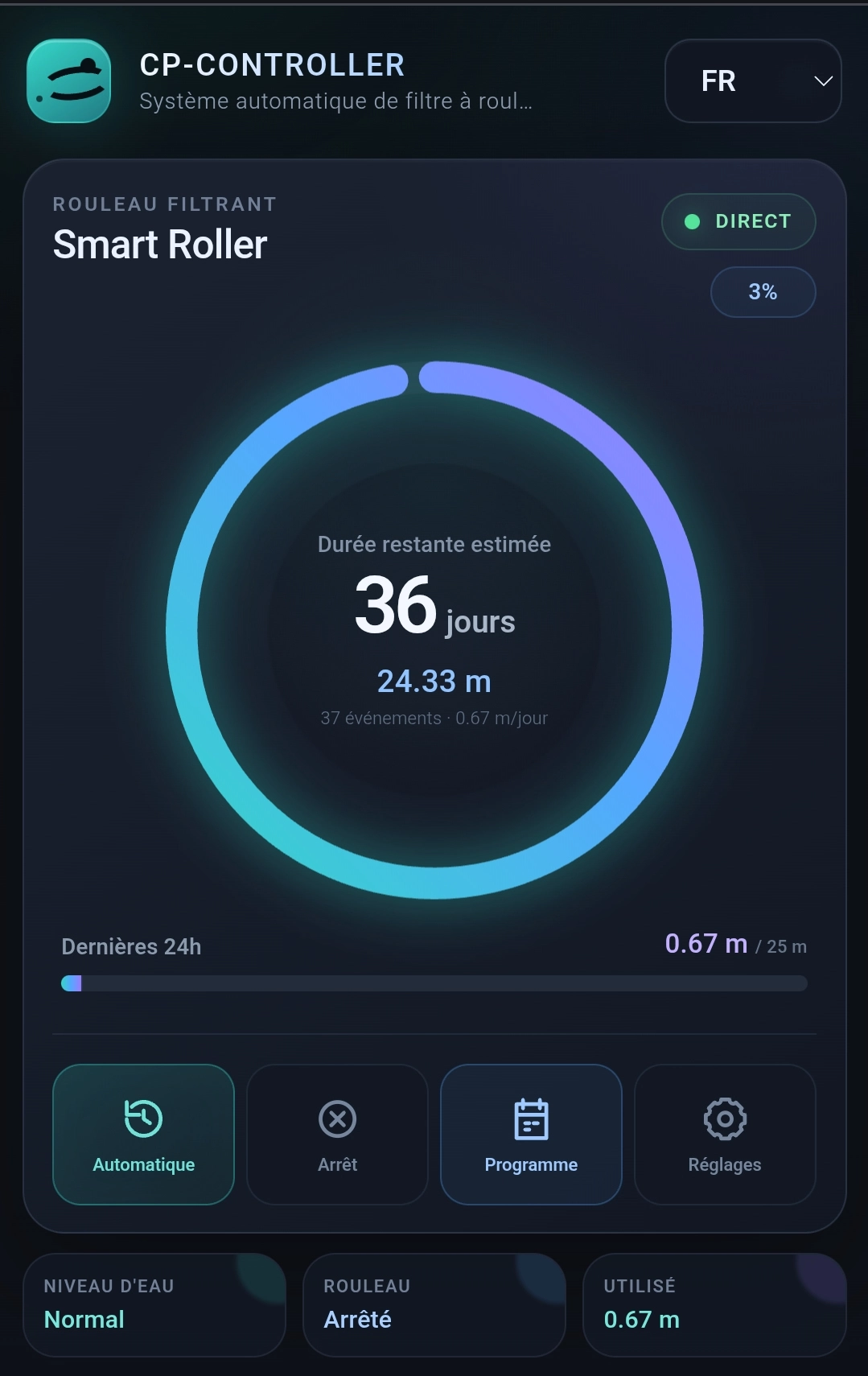 Schermata principale di CP-Control PLUS con autonomia del rullo